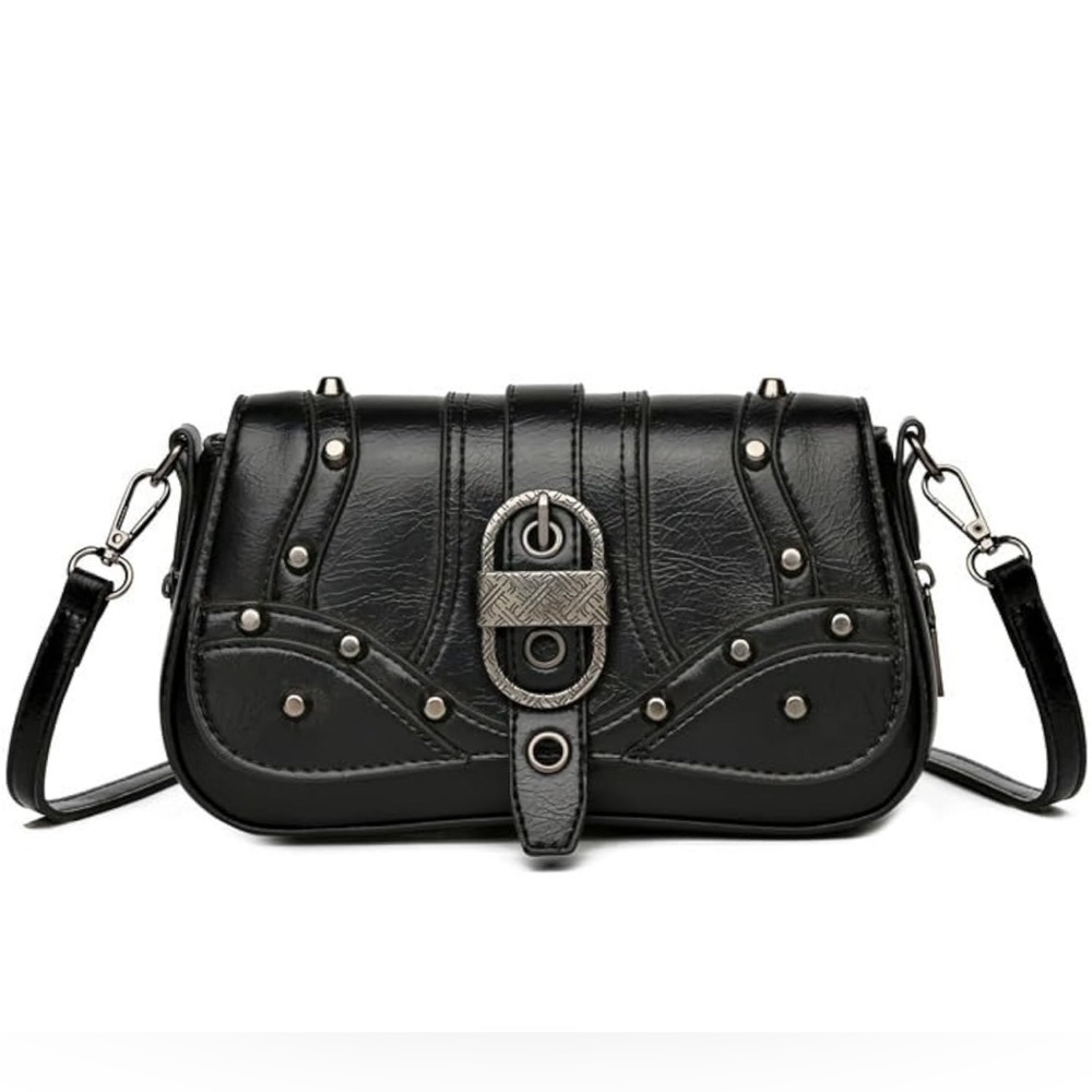 Small Studded Y2K Vegan Leather Shoulder Clutch Purse W/Magnetic Button (Black)
